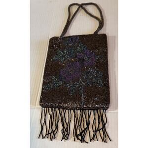 NWT Avenue Seed Bead Floral Embellished Double Strap Bag/Velvet Back/Fringe